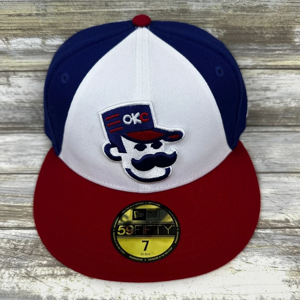 OKC 89ers Abner‎ New Era 59FIFTY MiLB Mens Fitted Hat Size 7 Red White Blue NEW